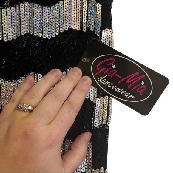 Gia mia ADULT SMALL SILVER SEQUINED STRIPED MESH PERFORMANCE DANCE JUMPER • BNWT - Picture 7 of 12